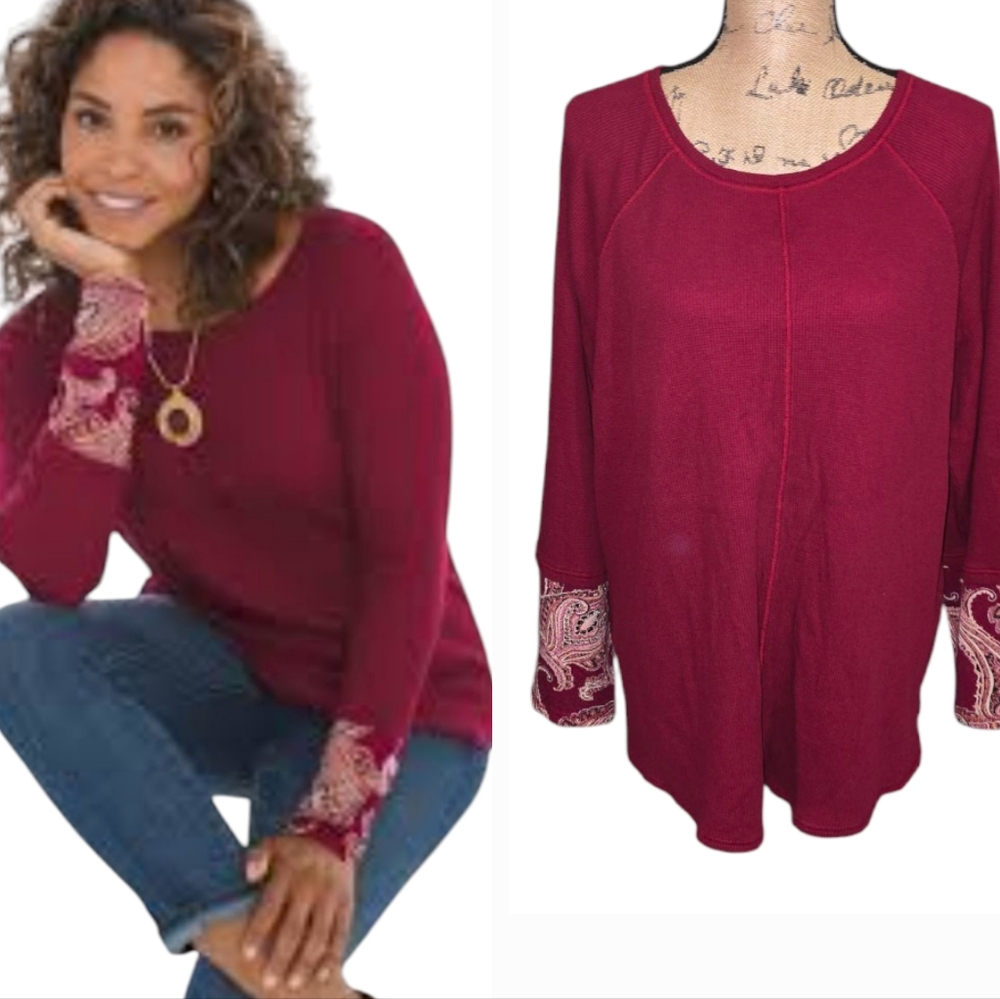Chicos Zenergy Burgundy Waffle Knit Thermal‎ Top Paisley Cuff Womens 3 XL 16/18